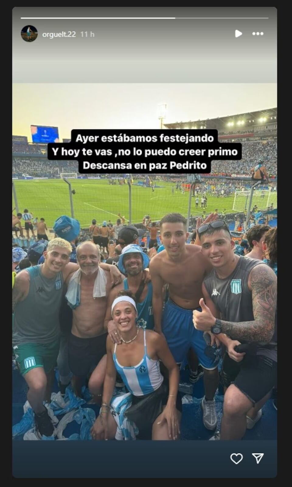 El posteo del primo de Pedro Orguelt, el hincha de Racing que murió en un accidente.