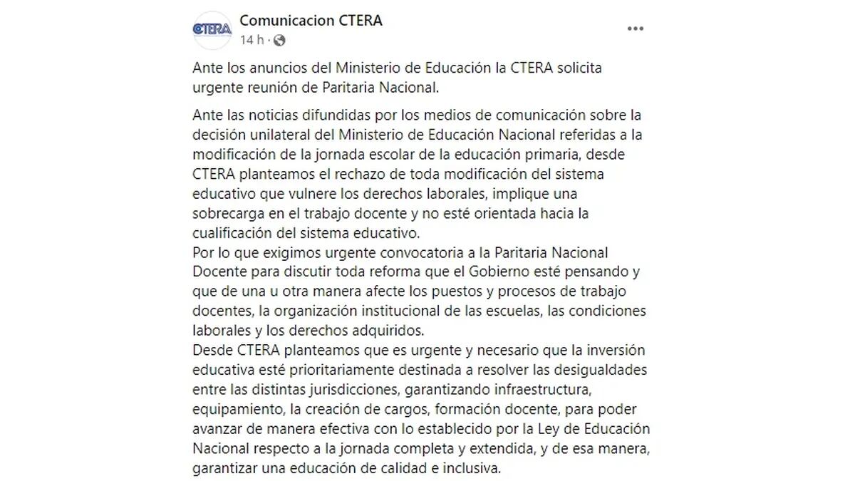 Comunicado de CTERA en rechazo por la propuesta de sumar una hora más de clases.