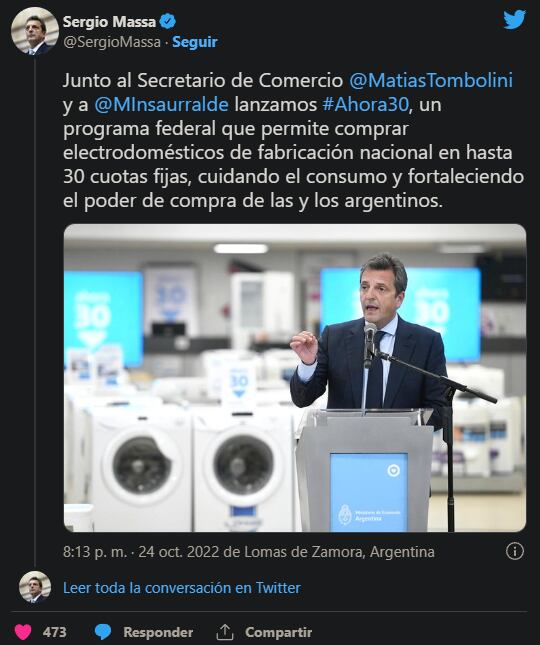 El comunicado de Massa en Twitter. Foto: Web