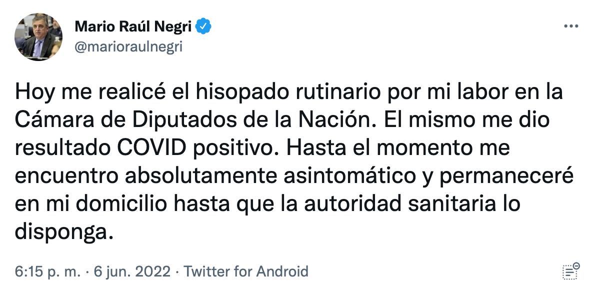 El presidente del bloque de la UCR en Diputados, Mario Negri, confirmó que tiene Covid y no estará en la sesión por Boleta Única