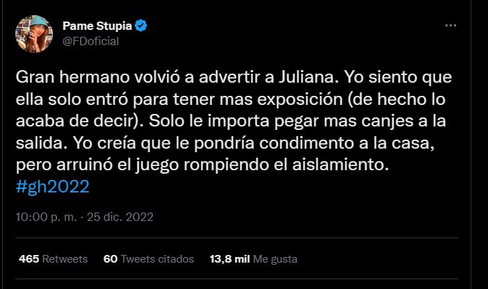 En las redes piden la expulsión de Juliana por seguir contando cosas del afuera