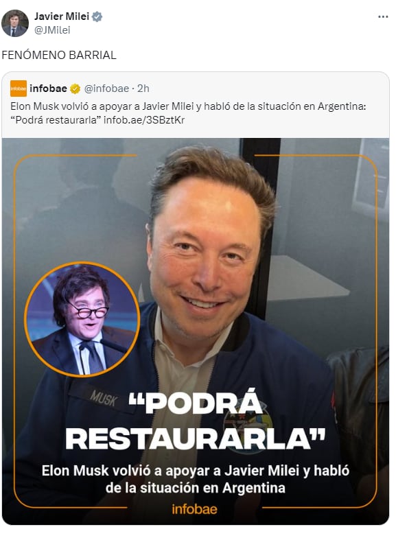 Elon Musk volvió a apoyar a Javier Milei y habló de la situación en Argentina: “Podrá restaurarla”