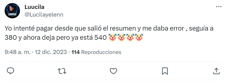 Publicación de X (ex twitter) sobre el pago de tarjeta.