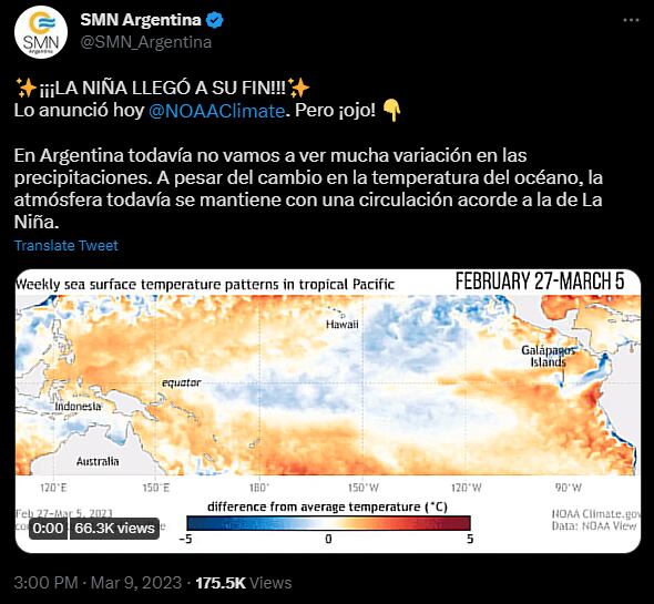 El fenómeno La Niña llegó a su fin. Foto: Twitter/@SMN_Argentina