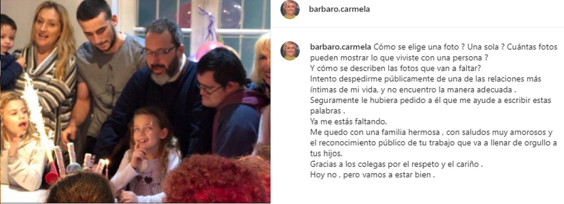 Posteo de Carmela Bárbaro despidiendo a Gerardo Rozin. / Archivo