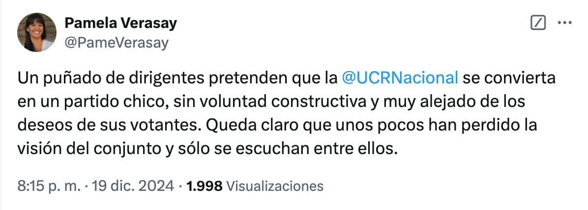 La legisladora mendocina Pamela Verasay se sumó a las críticas de un sector de la UCR a la expulsión del partido a tres diputados