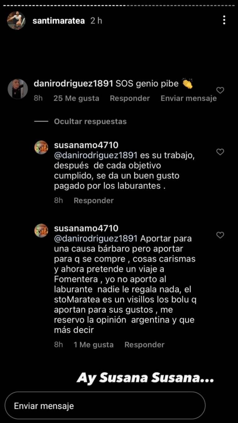 Santi Maratea respondió a las críticas de Susana, una usuaria de Instagram.