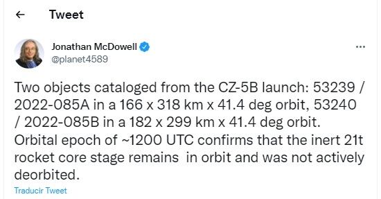 El astrónomo Jonathan McDowell del Centro de Astrofísica Harvard-Smithsonian dijo que espera que el artefacto vuelva a entrar en la atmósfera de la Tierra en una semana o diez días.