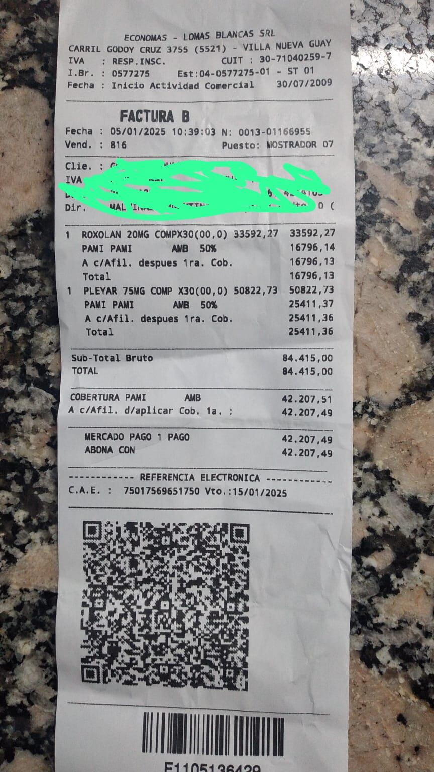 El ticket de una jubilada mendocina que no pudo acceder a la cobertura del 100% que le correspondía de Pami, por el fallo judicial vigente. Foto: Gentileza