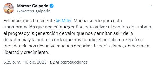 El mensaje de Marcos Galperín felicitando a Javier Milei.