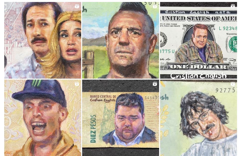 Un artista plástico pinta sobre billetes personajes icónicos de la historia y el entretenimiento