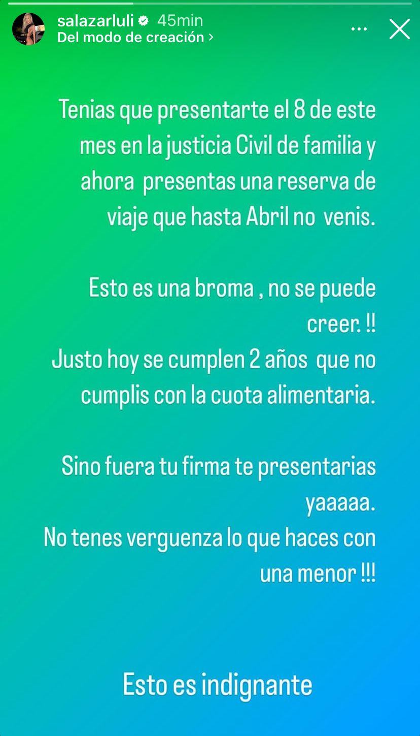 Luciana Salazar apuntó contra Martín Redrado por la deuda de alimentos. Captura de historias.