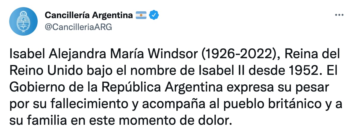 Mensaje de la cancillería argentina por la muerte de la reina Isabel II de Inglaterra.