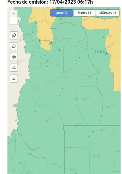 Alerta por viento Zonda en Mendoza (17/04) / SMN