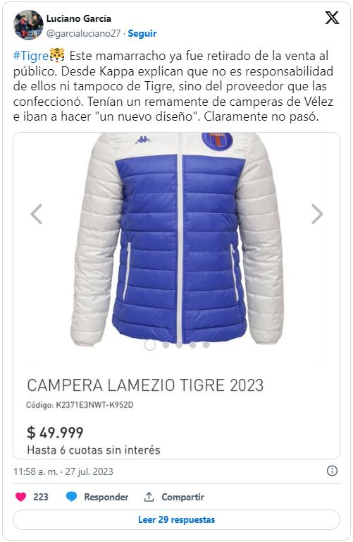 Los hinchas de Tigre denunciaron que tanto el club como Kappa se "pasaban la pelota" a la hora de encontrar al culpable. Foto: Twitter / @garcialuciano27
