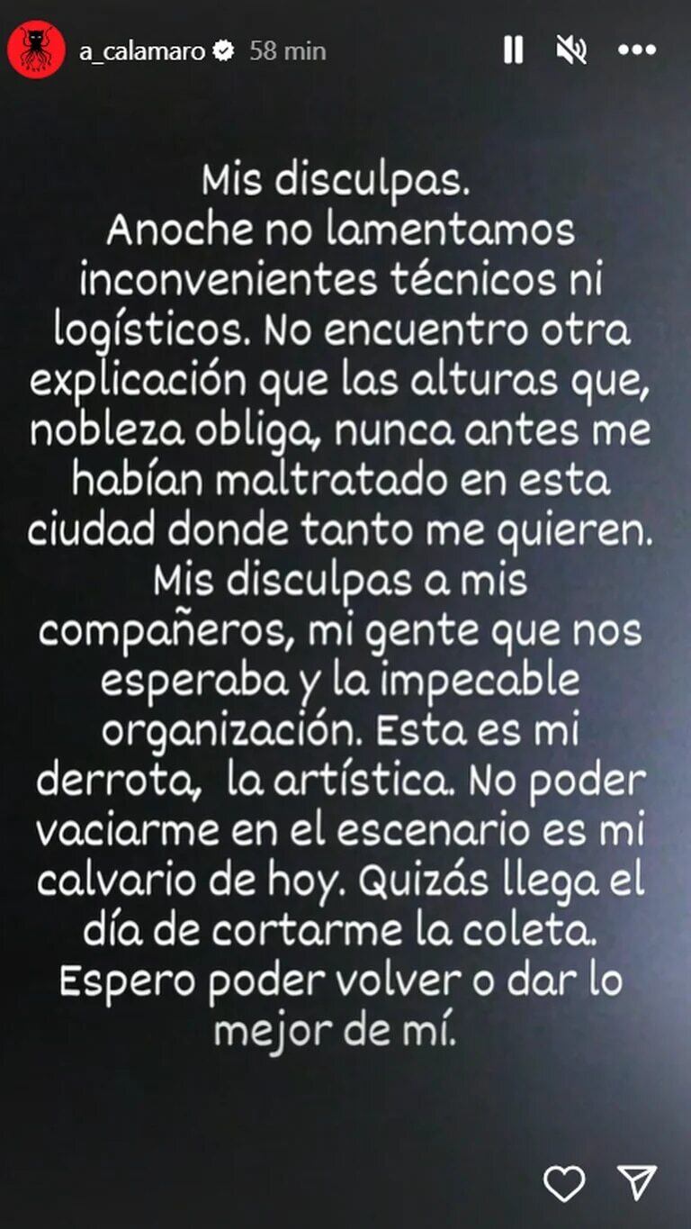 Andrés Calamaro se ausentó de un show en Colombia.