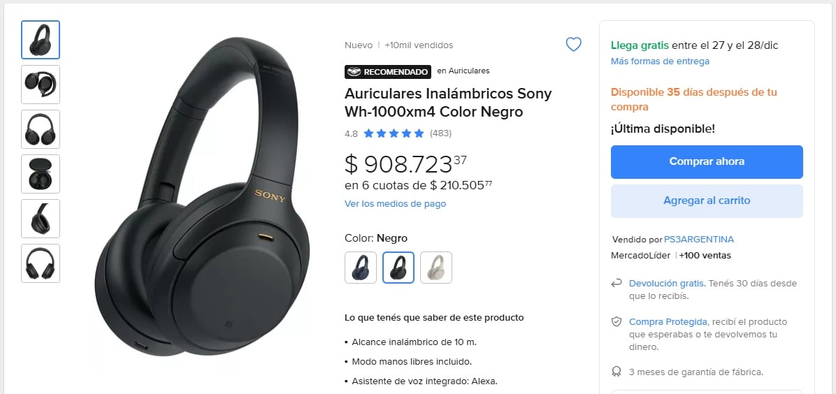 En nuestro país el mismo de auriculares se encuentra en Mercado Libre a un precio de $908.723 argentinos.