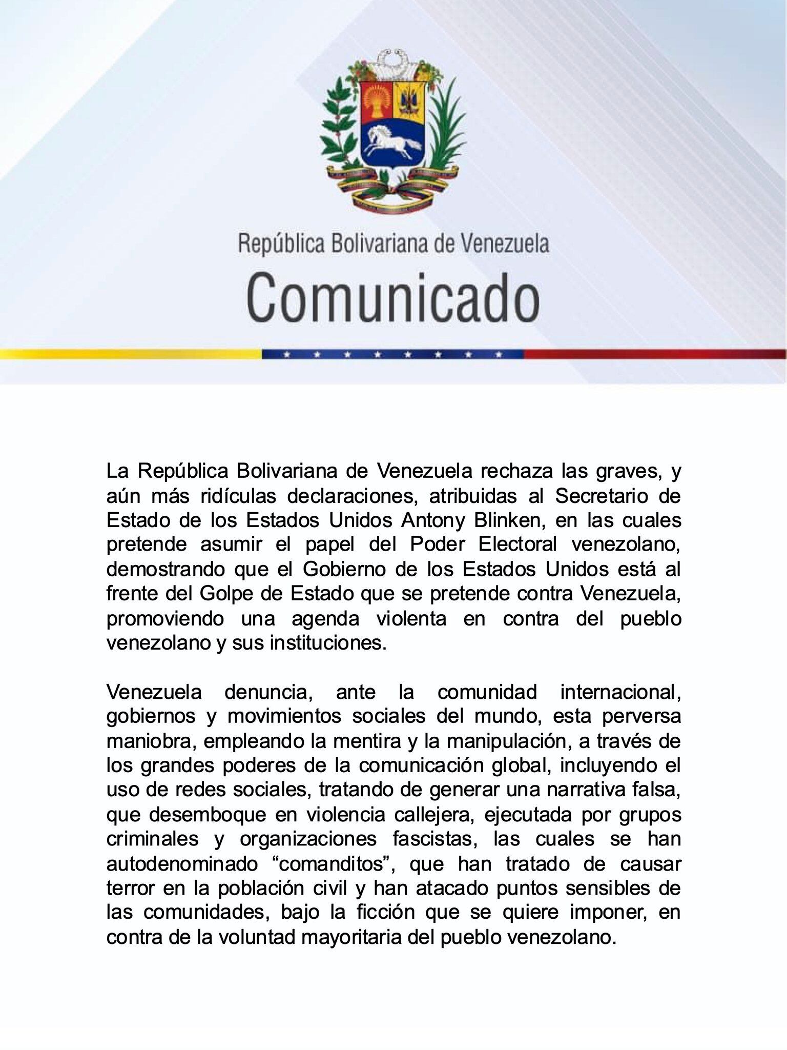 Comunicado de Venezuela ante las declaraciones del secretario de Estados de EEUU.