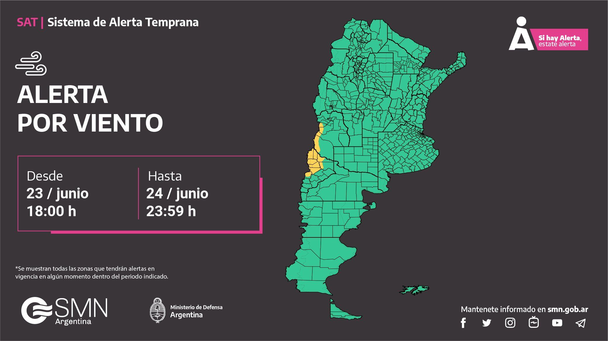 Alerta Naranja por Viento en Mendoza. Foto: Twitter / @SMN_Argentina