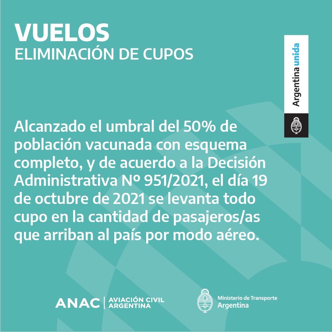 Anac publicó en Twitter los cambios en el ingreso de pasajeros aéreos a partir de mediados de octubre.