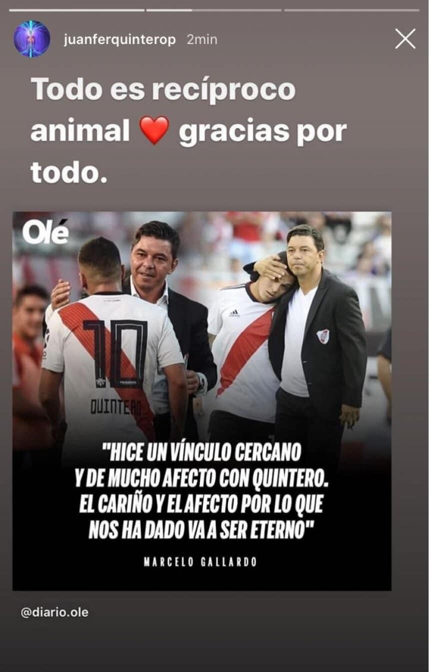 En su cuenta personal de istagram, Juanfer Quintero, agradeció las palabras de Marcelo Gallardo. / Captura.