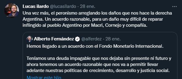 El mensaje publicado por el senador Lucas Ilardo el último viernes tras el anuncio del Presidente.