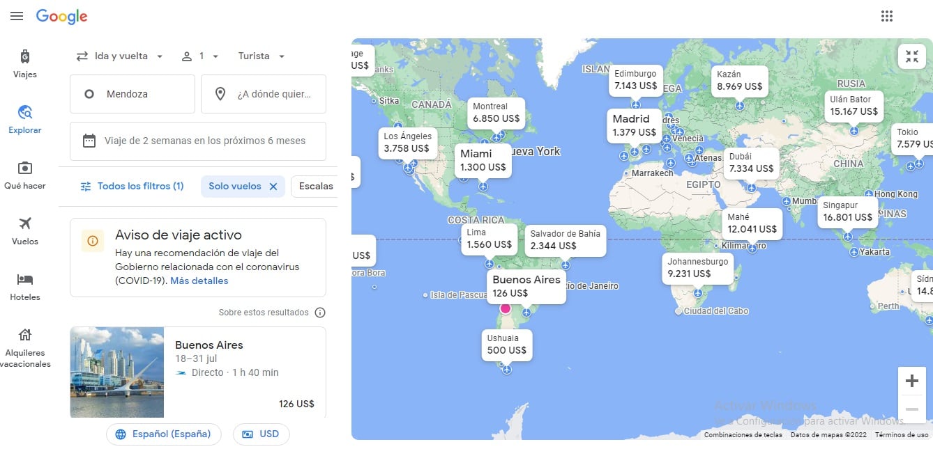 El mapa del mundo de las ofertas que muestra Google Flights