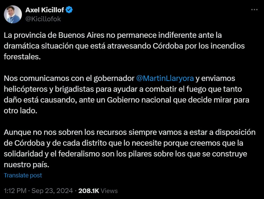 Posteo de Axel Kicillof sobre los incendios en Córdoba. Captura: X / @Kicillofok