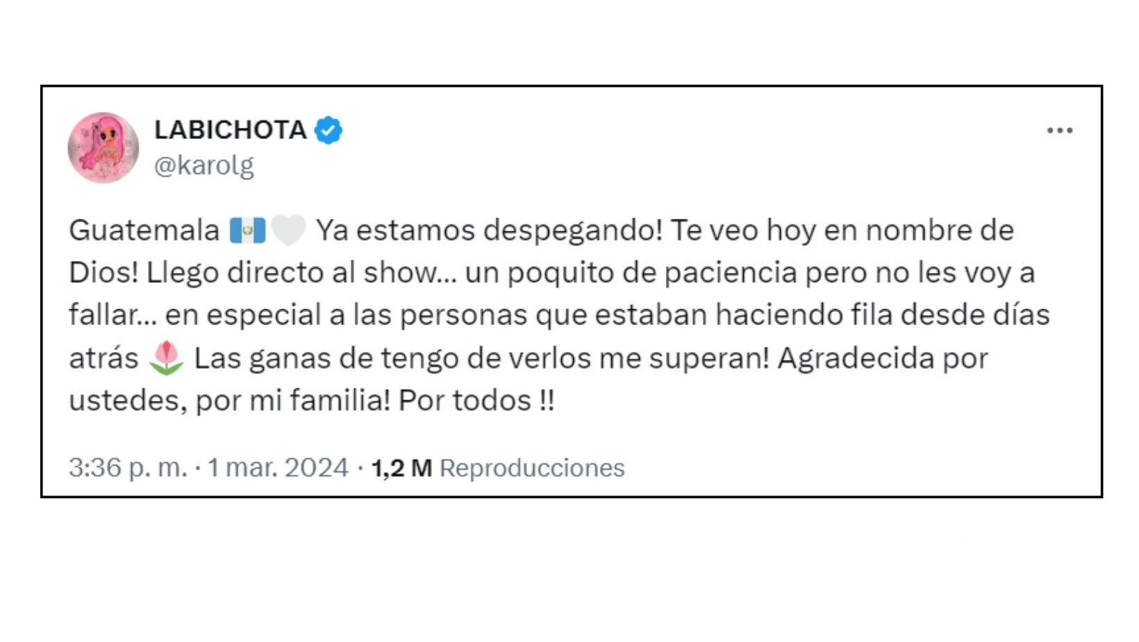 "Las ganas que tengo de verlos", el mensaje posteado por Karol G mientras despegaba para Guatemala