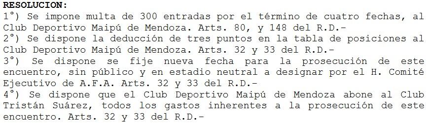 La AFA decidió quitarle tres puntos al Deportivo Maipú.