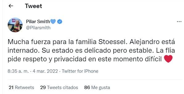 Alejandro Stoessel, el papá de Tini Stoessel, atraviesa un delicado estado de salud (Twitter Pilar Smith) 