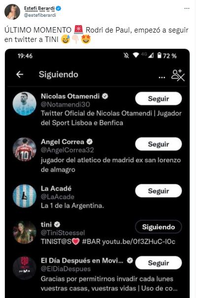 Estefanía Berardi se encargó de descubrir del movimiento del jugador en Twitter