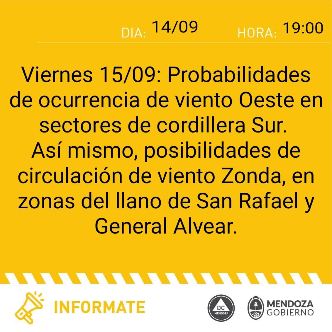 Defensa Civil emitió un alerta por el descenso de viento al llano.