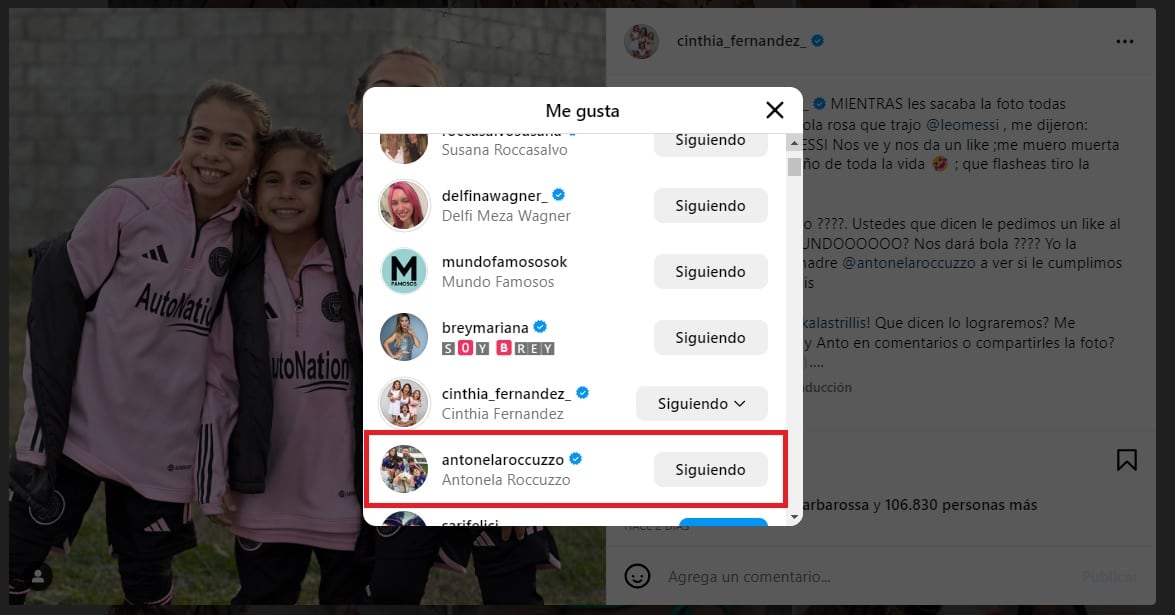 La emoción de una de las hijas de Cinthia Fernández al ver un “like” de Antonella Roccuzzo.