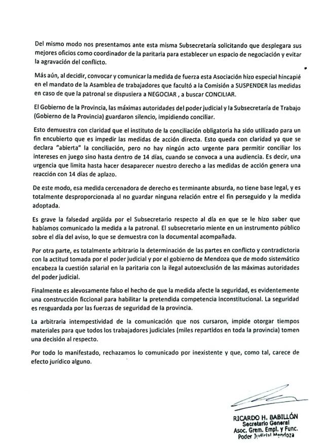 La Subsecretaría de Trabajo y Empleo había dictado la conciliación obligatoria en el conflicto que mantiene la Asociación Gremial de Empleados y Funcionarios del Poder Judicial y el Ministerio Público Fiscal.