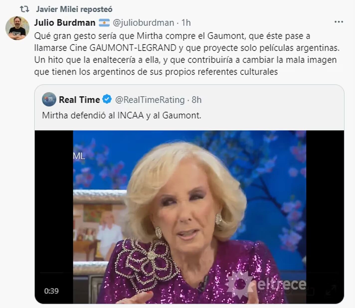 El reposteo de Milei contra Mirtha Legrand (X)