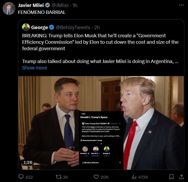 "Fenómeno barrial", la reacción de Milei tras los elogios de Trump. Captura: X / @JMilei