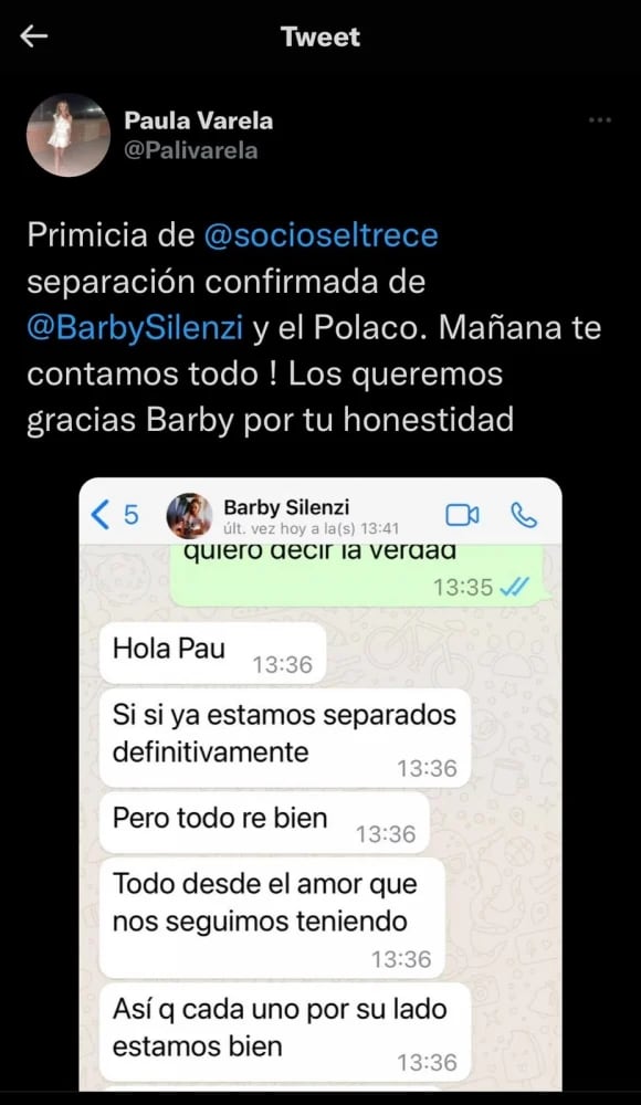 Barby Silenzi confirmó que se separó de El Polaco