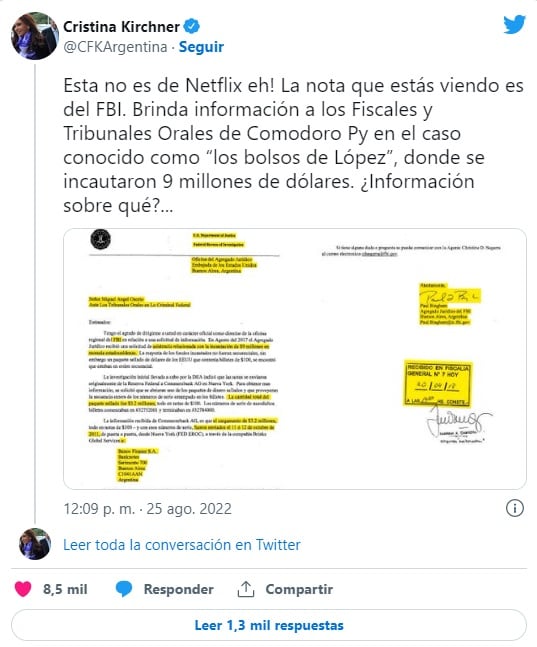 Nuevo tuit de Cristina Kirchner contra la Justicia por los bolsos de José López (Twitter)