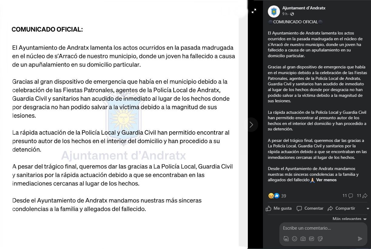 Comunicado oficial del Ayuntamiento de Andratx. Foto: Captura Facebook.