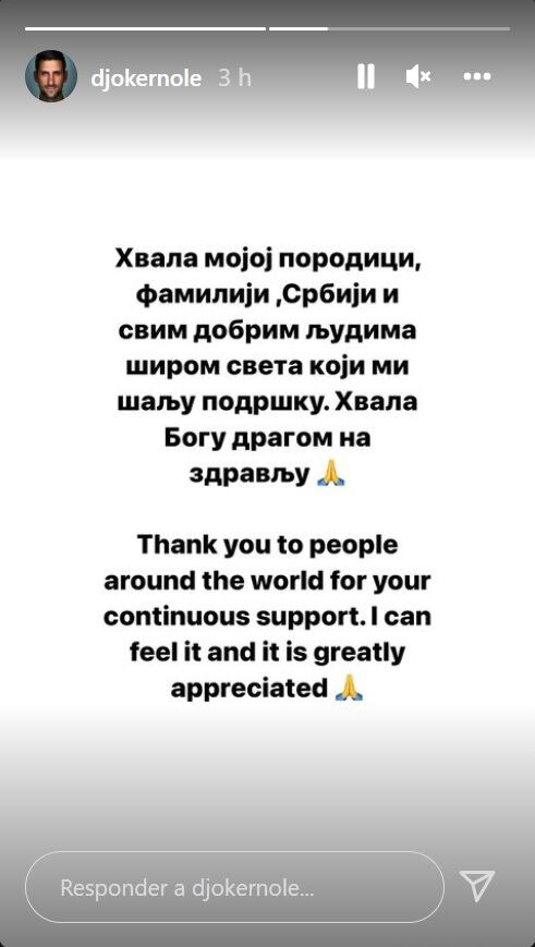 'Nole' Djokovic publicó su agradecimiento al apoyo, en una publicación en Instagram.