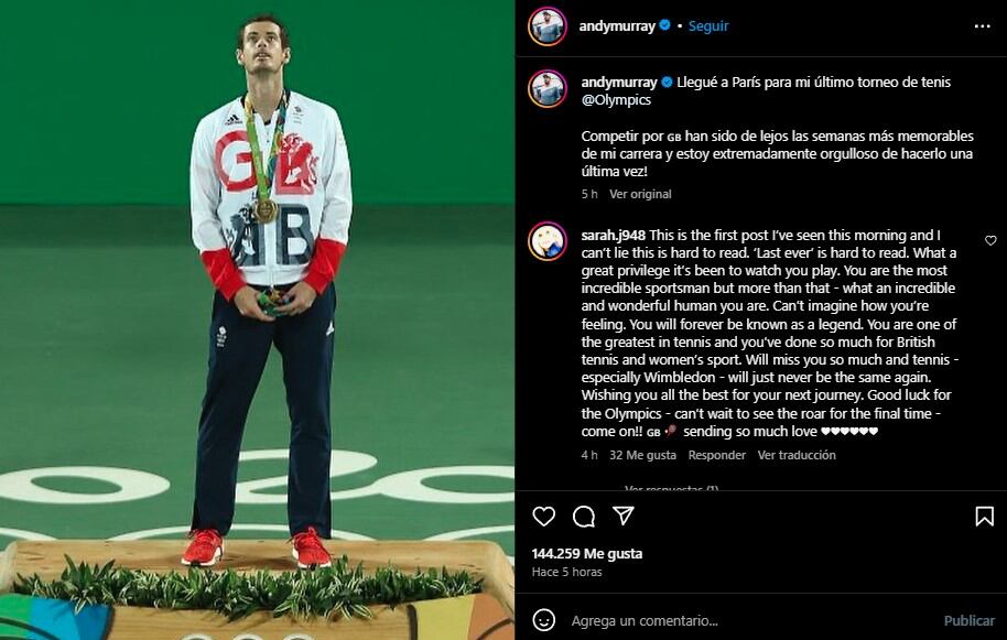 El mensaje de Andy Murray en su cuenta de Instagram. Foto: captura.