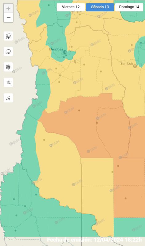 Alerta del Servicio Meteorológico Nacional para el sábado 13 de abril por nevadas en el oeste de Las Heras, Luján de Cuyo y Tupungato; y lluvias en toda la zona este de la provincia, con excepción del Gran Mendoza.