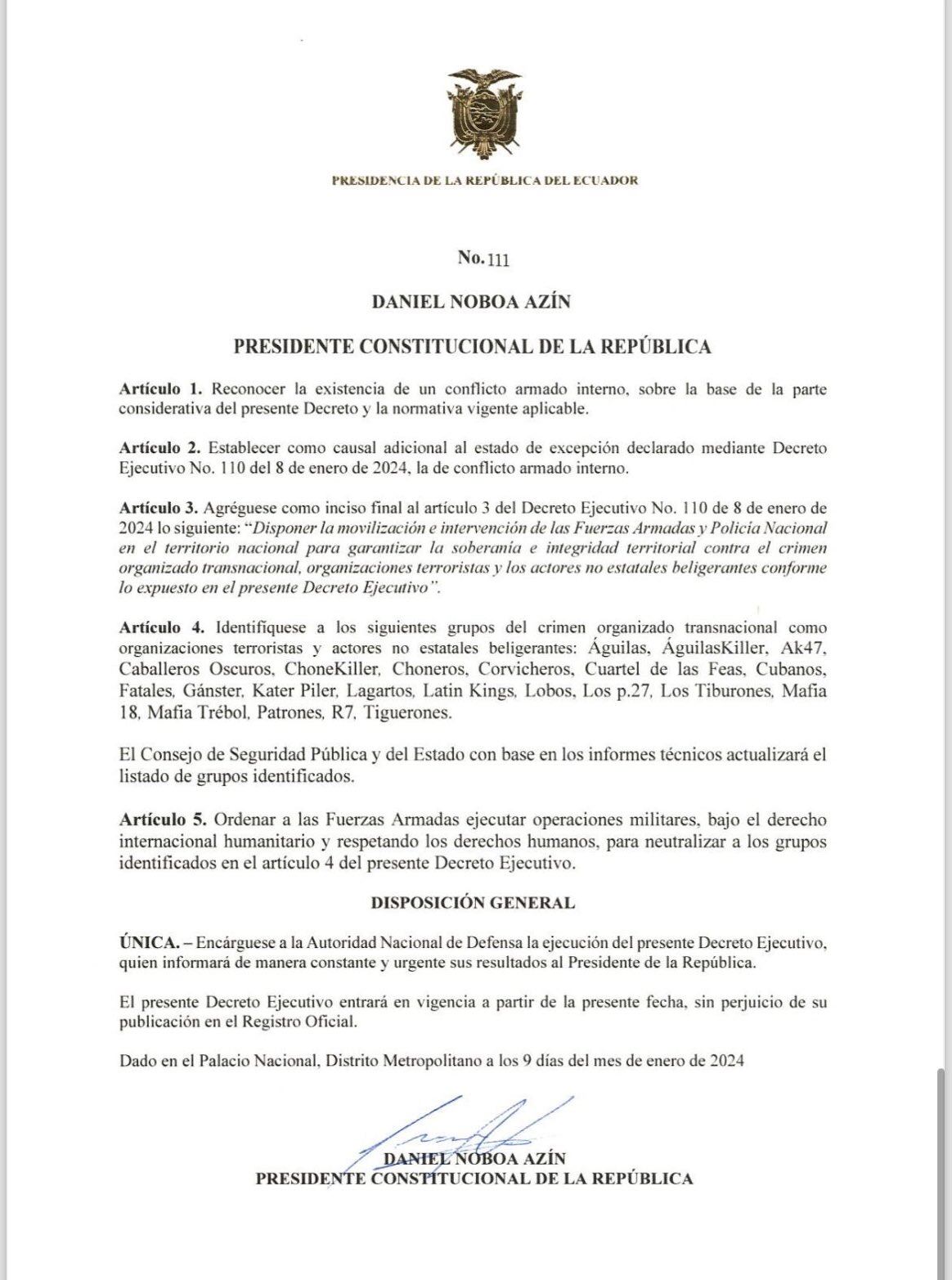 Decreto de Daniel Noboa, presidente de Ecuador. Foto: Redes.