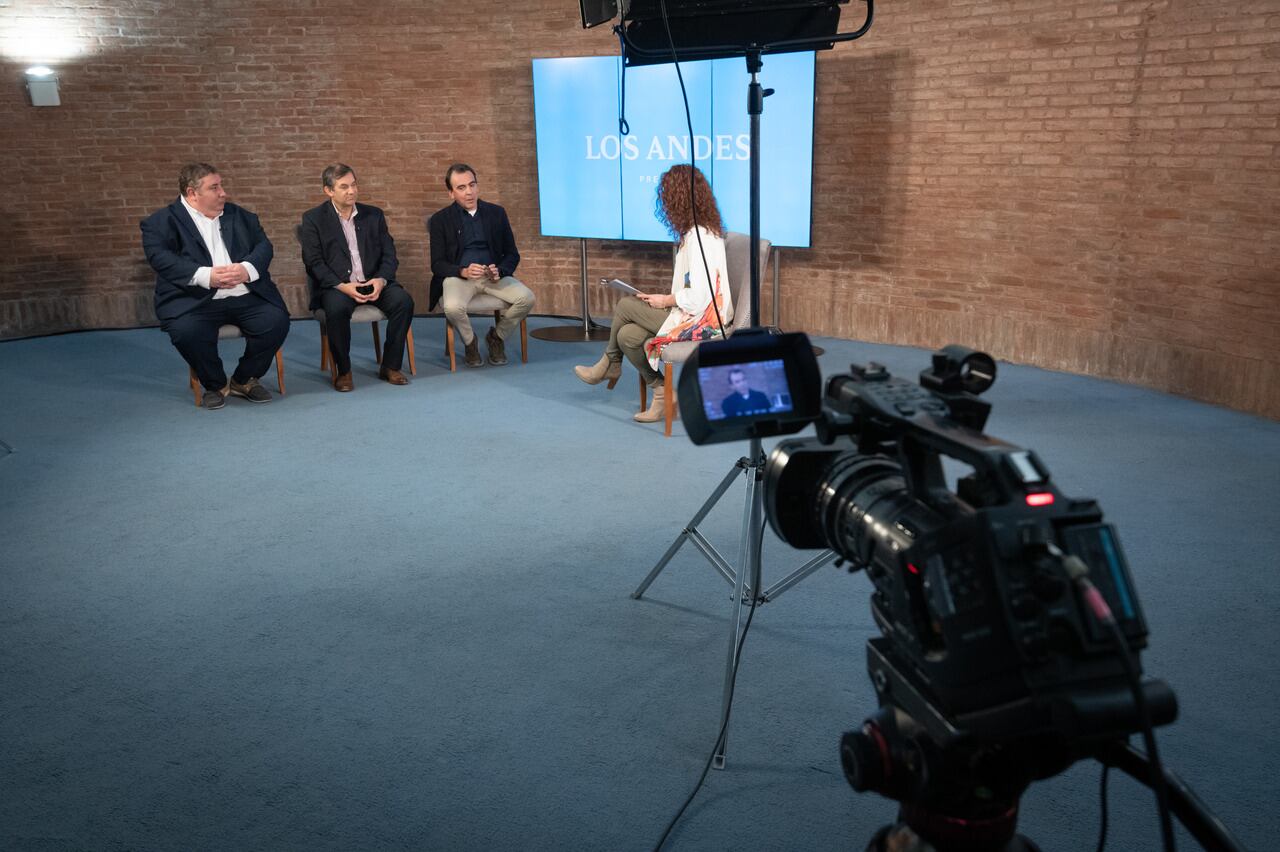 Gustavo Zonana, decano de la Facultad de Filosofía y Letras de la UNCuyo; Diego Caso, licenciado en Administración, y Diego Navarro, director Ingeniería en Informática de la Universidad de Mendoza, junto a la periodista Alejandra Vargas. Foto: Ignacio Blanco / Los Andes