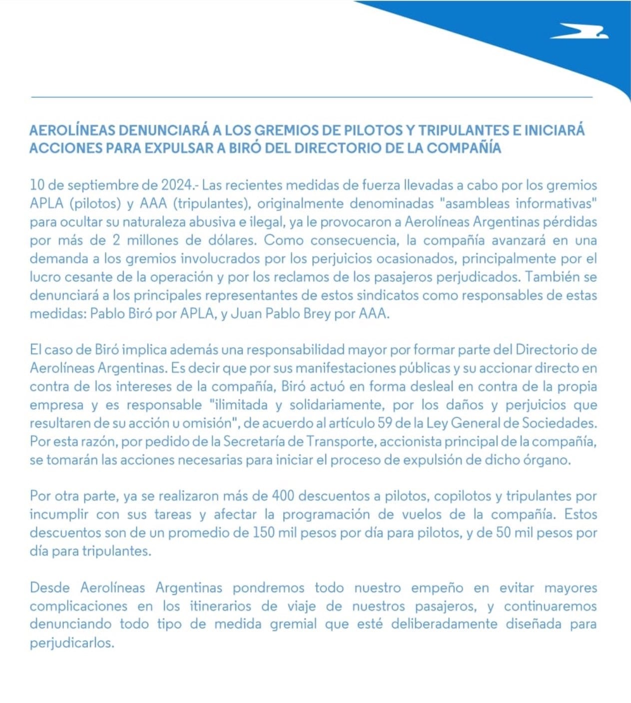 Aerolíneas Argentinas demandará a los gremios aeronáuticos y buscará expulsar a Biró de su directorio