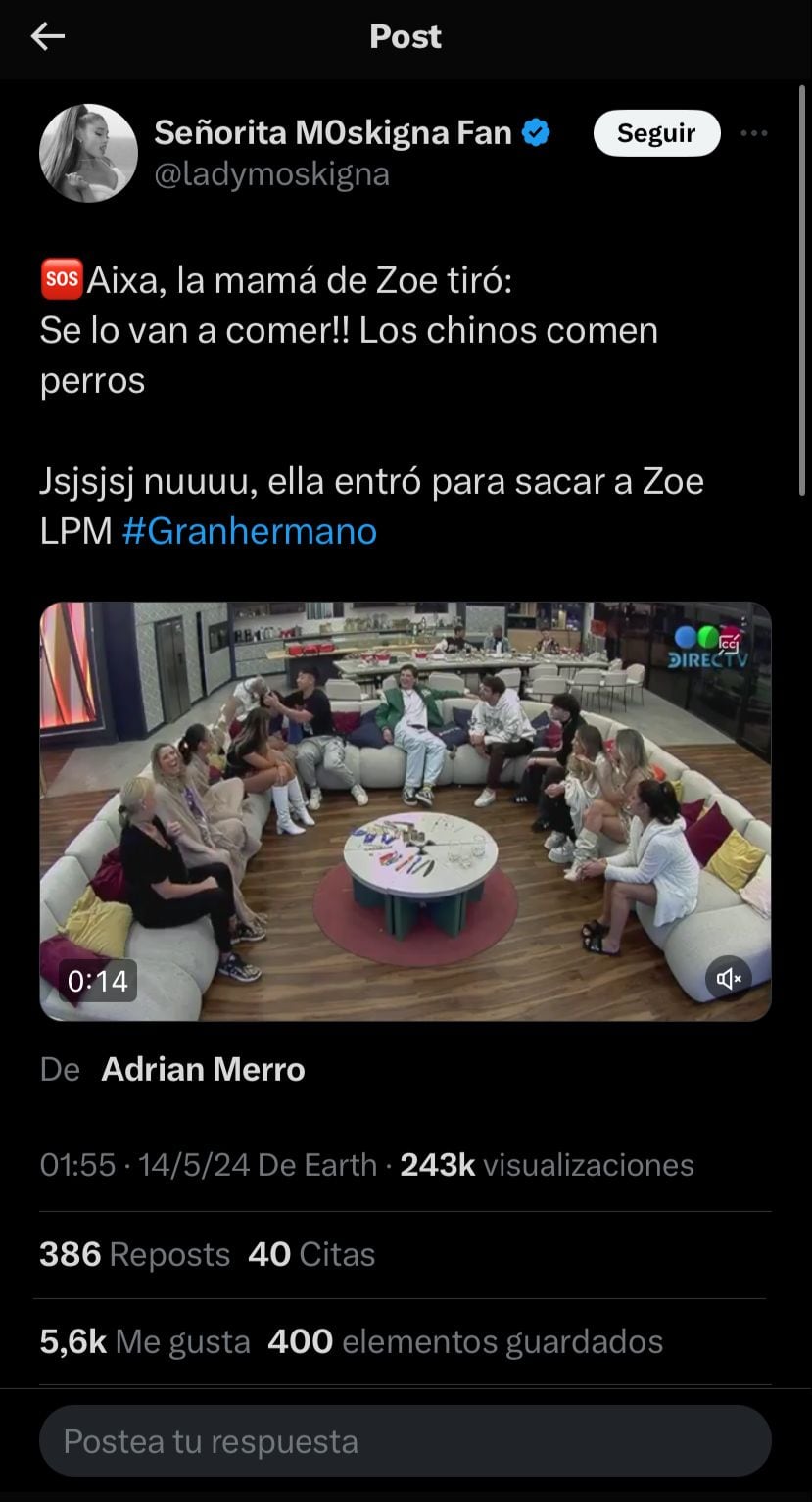 Liquidaron en redes a la mamá de Zoe de Gran Hermano. Captura del video.