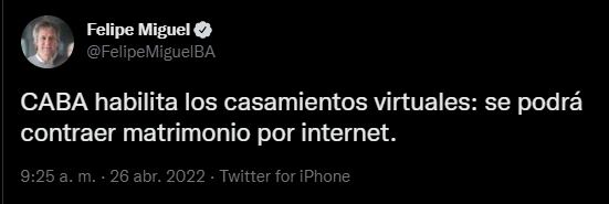 Habilitan matrimonios virtuales y apuntan a que se pueda pagar impuestos con criptomonedas en CABA. Foto: Twitter.