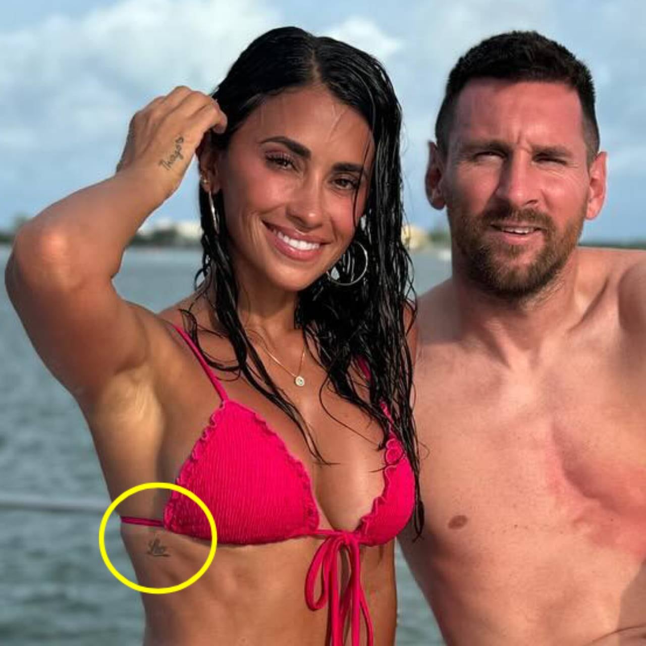 Antonela Roccuzzo mostró su tatuaje de Lionel Messi durante un paseo en yate.