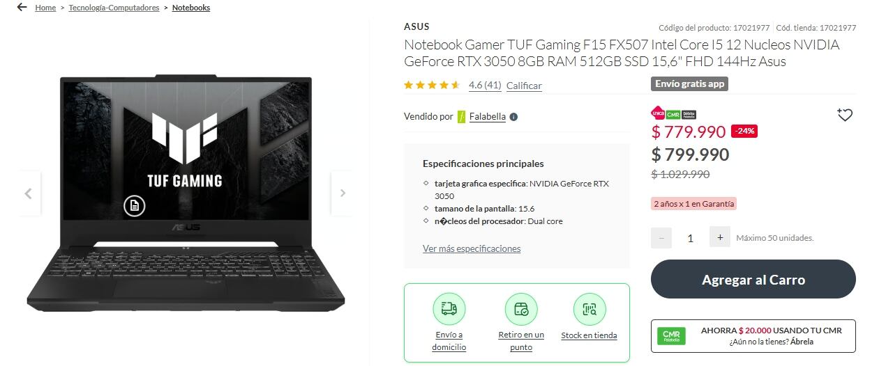 La tienda de Falabella ofrece una notebook Asus Gamer TUF Gaming F15 a un precio promocional de $779.990 chilenos.